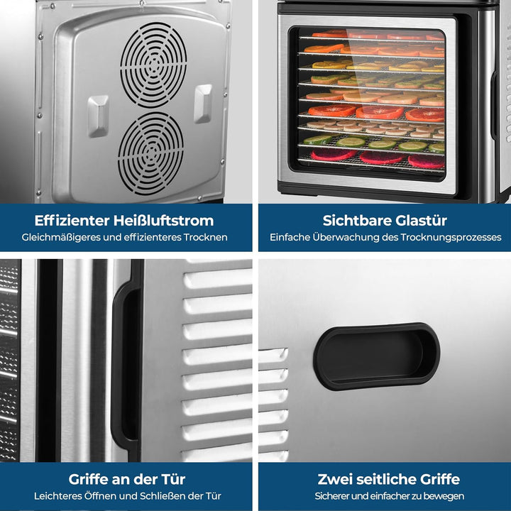 Edelstahl Dörrautomat, 1000W Dörrgerät für Obst und Gemüse mit LED-Anzeige, präziser Temperaturregel
