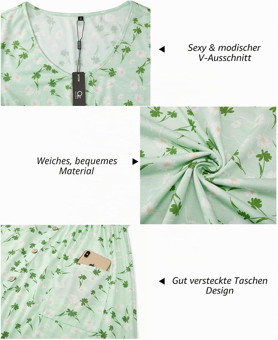 OUGES Sommerkleid Damen Casual Kleid V-Ausschnitt Midi Kleider Knopfleiste Freizeitkleid mit Taschen