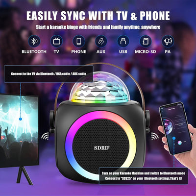 Karaoke Maschine für Erwachsene und Kinder, tragbare Bluetooth Lautsprecher mit 2 UHF Wireless Mikro