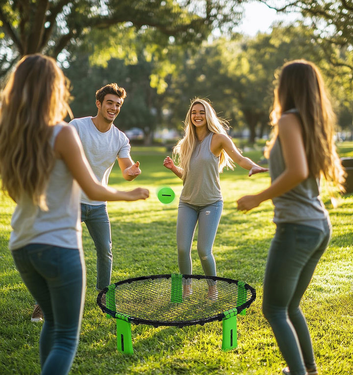 PEARL Sports Roundnet Spiele: 4 Outdoor-Roundnet-Spielsets mit 4 Spielnetzen und 12 Bällen, Ø 92 cm
