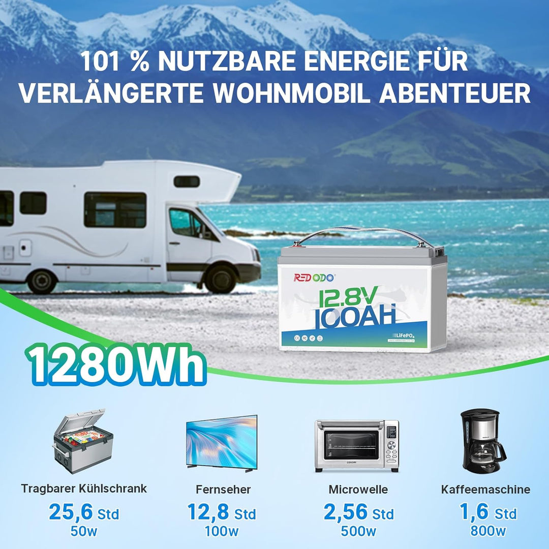 Redodo 12V 100Ah LiFePO4 Batterie, 1280Wh Lithium Akku mit 100A BMS, 4000+ Zyklen, 10 Jahre Lebensda
