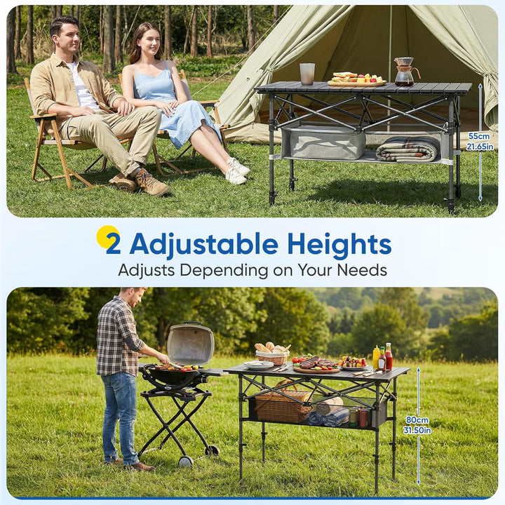 Campingtisch Klappbar 95x55x55cm Klapptisch Höhenverstellbar, Aluminium Tischplatte Aufrollbar, bis