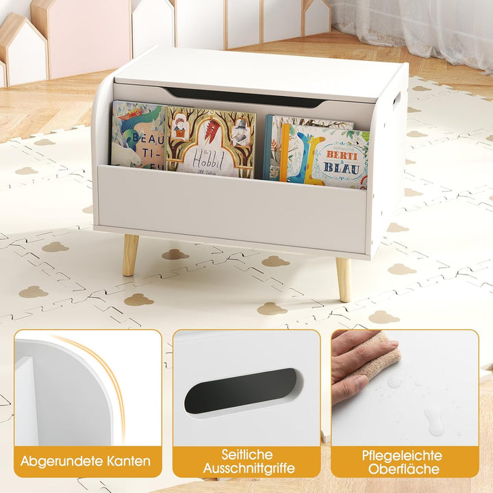COSTWAY Spielzeugtruhe mit Deckel, 2 in 1 Spielzeugkiste aus Holz mit Bücherregal, Sitztruhe mit Sta