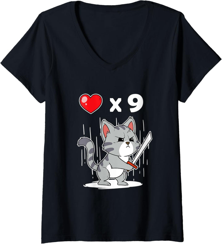 Damen NIedliches Gaming Katze PC Computer Mieze Pixel Kater T-Shirt mit V-Ausschnitt