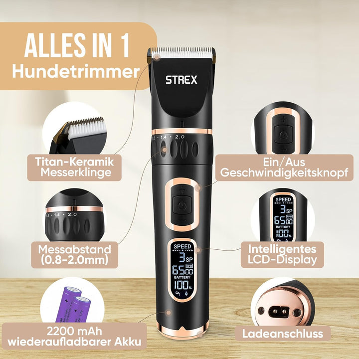 Strex Hundeschermaschine/Tierschermaschine Extra Leise - Kabellos - 5 Modi - Hundetrimmer für alle F