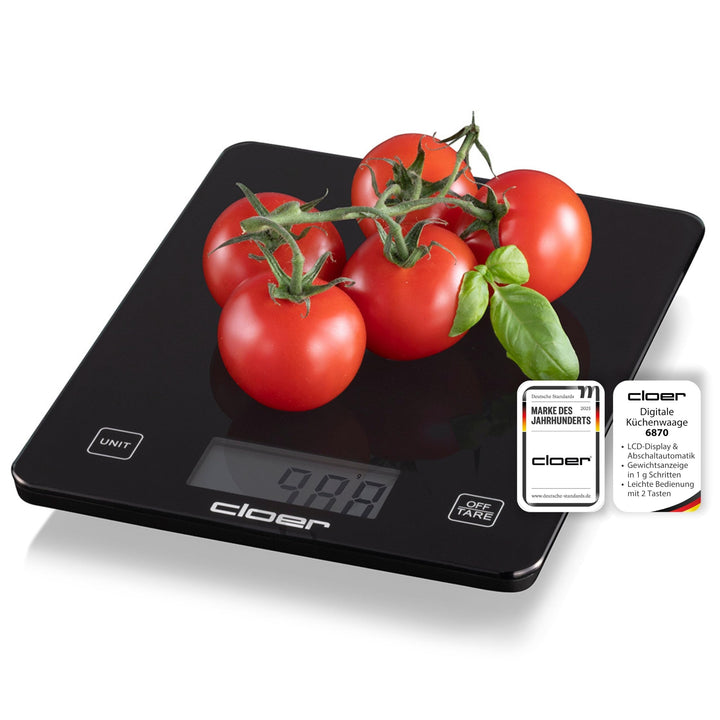 Cloer 6870 Digitale Küchenwaage für bis zu 10 kg, Zuwiegefunktion, Gewichtsmessung in 1g Schritten,