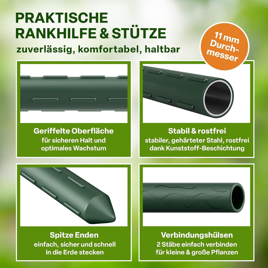 TTL GARDEN Rankstäbe 15er Set 240 cm x 11mm Ø grün + Klettband &amp; Clips | - Rankhilfe Pflanzstäbe Sta