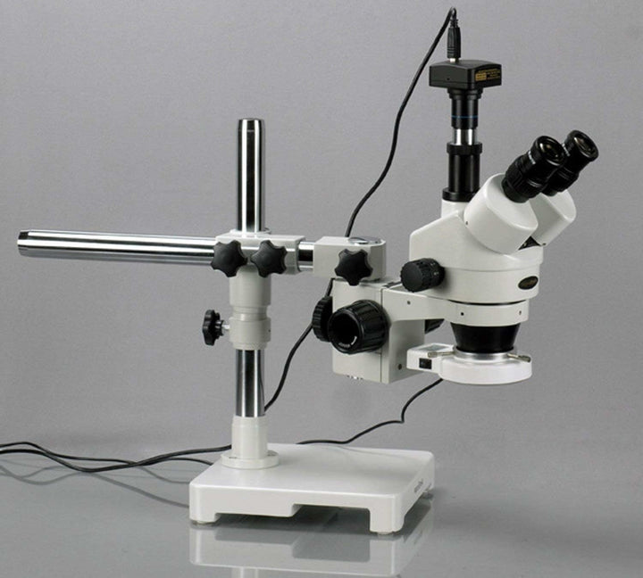 AmScope SM-3TZ-54S-5M Trinokulares LED Boom Ständer Stereomikroskop mit 5MP Kamera, 3.5X-90X, Weiss