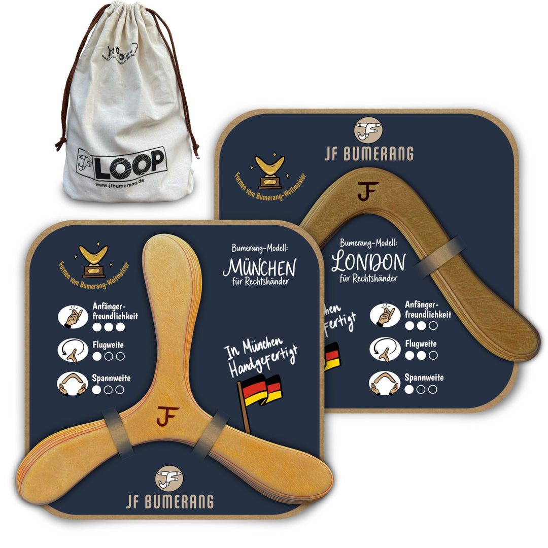ANFÄNGERSET - Handgemacht - Boomerang MÜNCHEN, LONDON & Beutel - Nachhaltig - Einzigartiges Geschenk