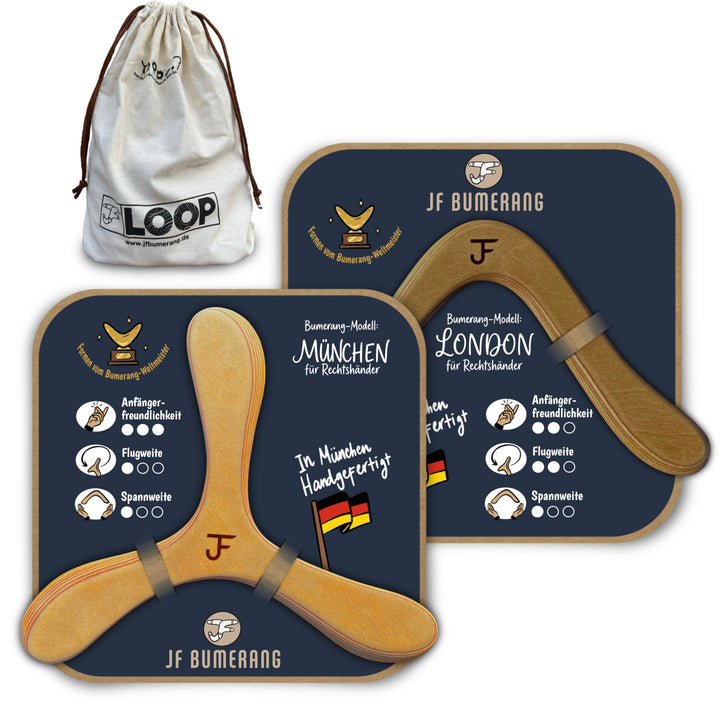 ANFÄNGERSET - Handgemacht - Boomerang MÜNCHEN, LONDON & Beutel - Nachhaltig - Einzigartiges Geschenk