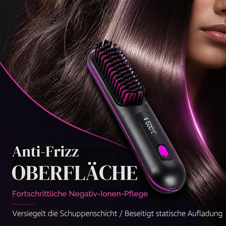 Anti-Frizz Haarglättung Glättbürste Kabellos, MCH Keramik Haarglätter Bürste, 3 Temperaturstufen LCD