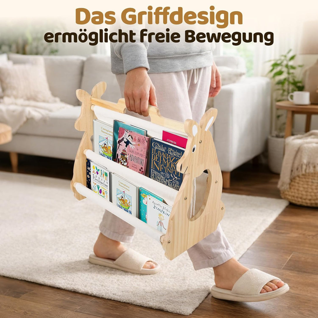 Bücherregal Kinder, Montessori Regal mit Doppelter Seite Holzregal Bücherkiste Tragbar mit Griff Off