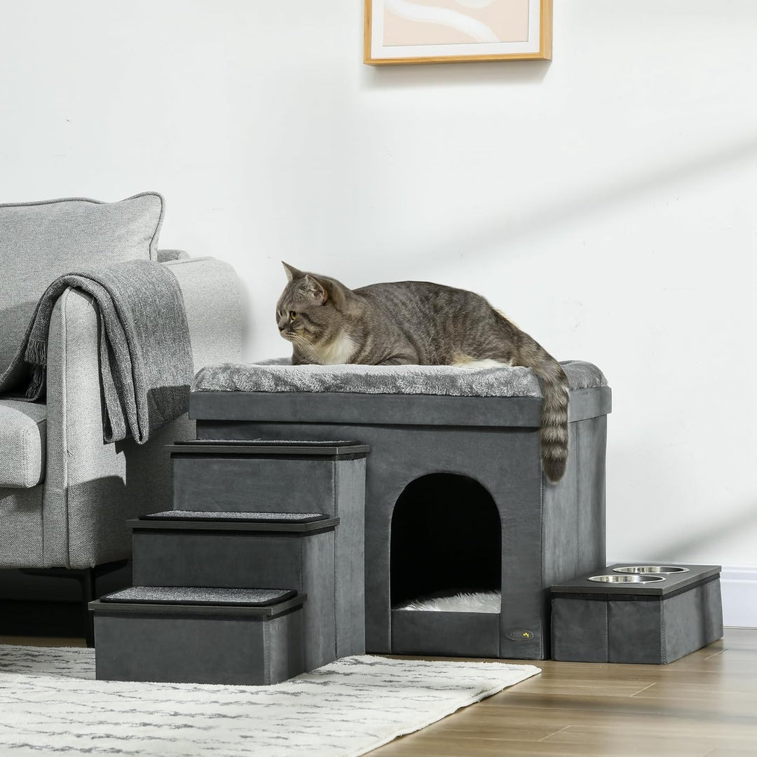PawHut Katzenhöhle Katzenbett mit Kissen, Treppe, 2 Edelstahlnäpfen, Trennwand, Liegefläche, Katzenh