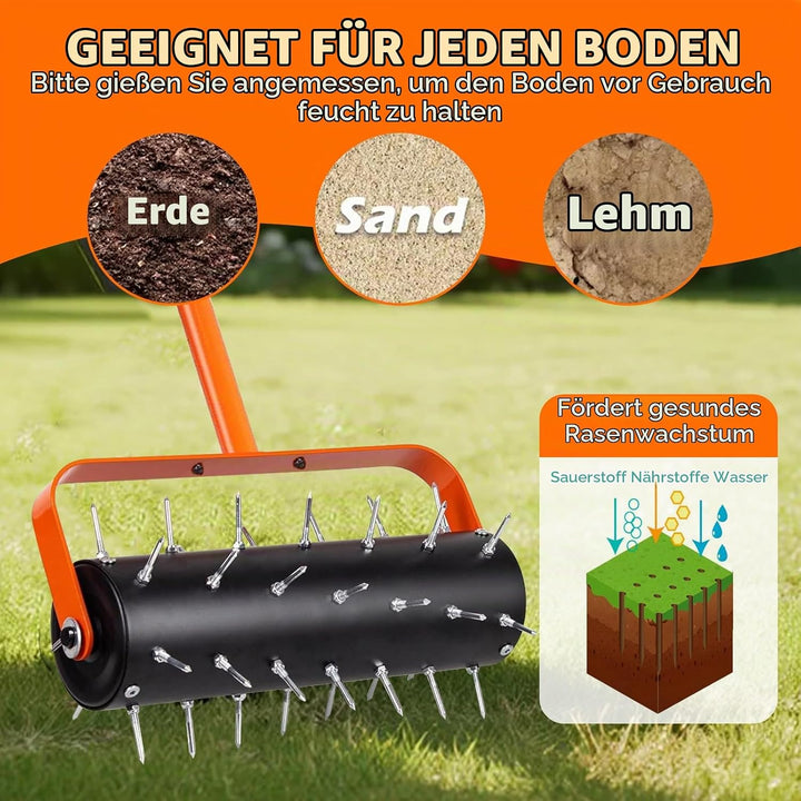 Rasenlüfter Walze, Rasenbelüfter Manuell, Handvertikutierer Rollend mit 42 Nägeln 5cm &amp; Spritzschutz