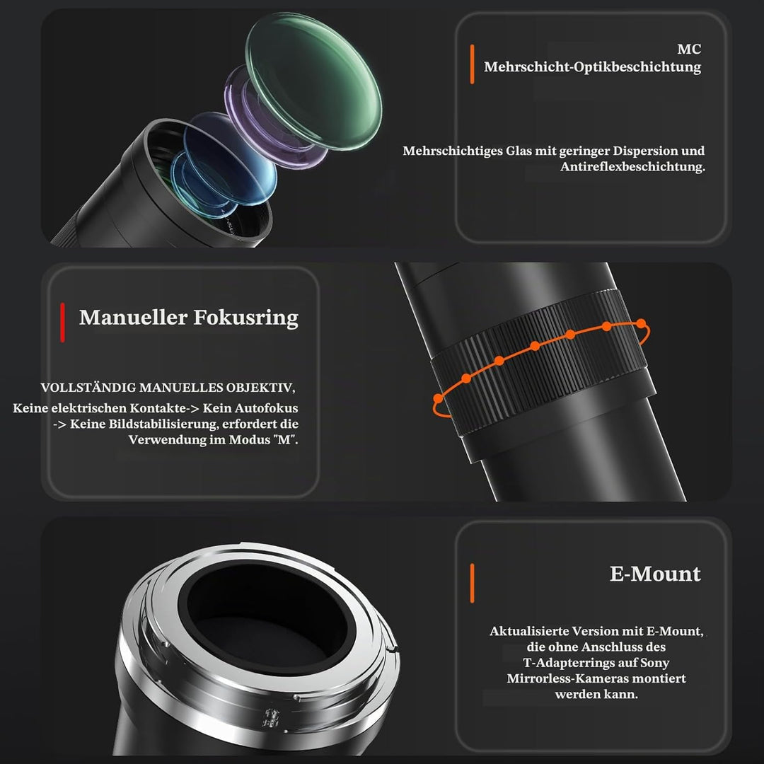 Teleobjektiv für Sony E, 420-800mm Zoomobjektiv, Manueller Fokus (MF) für Sony A7C A7R A7S A7 A9 A67