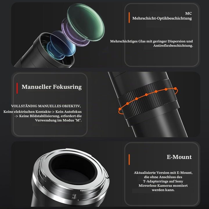 Teleobjektiv für Sony E, 420-800mm Zoomobjektiv, Manueller Fokus (MF) für Sony A7C A7R A7S A7 A9 A67
