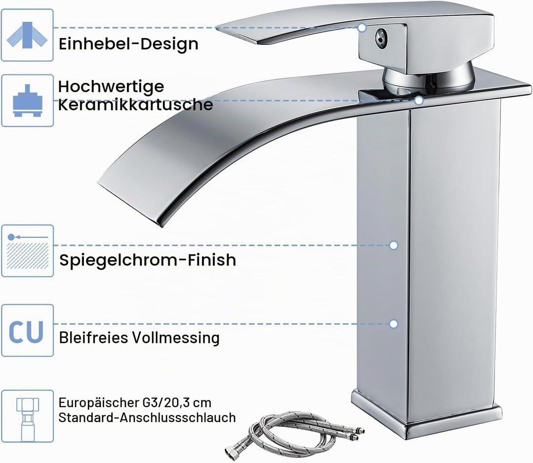 Coleniny Wasserhahn Bad Wasserfall Waschtischarmatur für Badezimmer | Modern Badarmatur Einhand Wasc