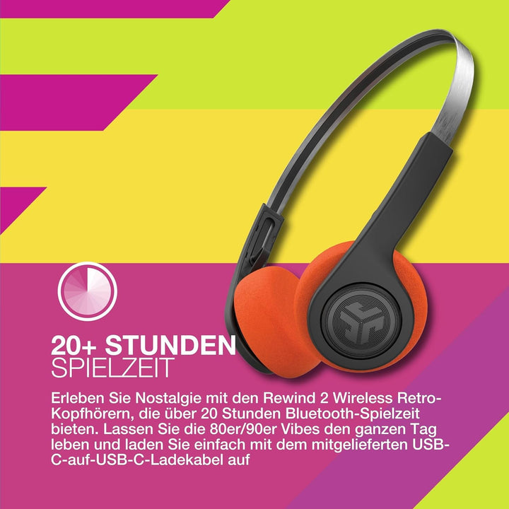 JLab Rewind 2 Retro Kopfhörer - Kleine Bluetooth Kopfhörer Kabellos, 20+ Std Akkulaufzeit, Individue