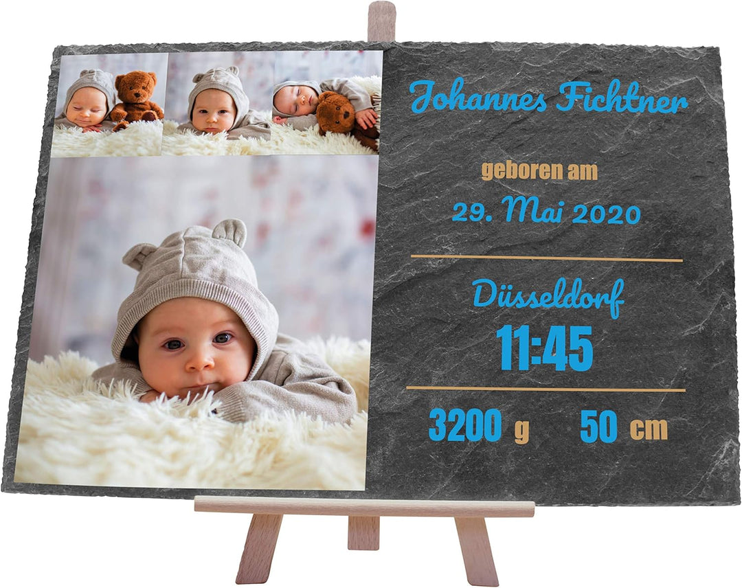 wandmotiv24 Schieferplatte mit eigenen Fotos zur Geburt, 30 x 20 cm, inklusive Staffelei, 4 Fotos +