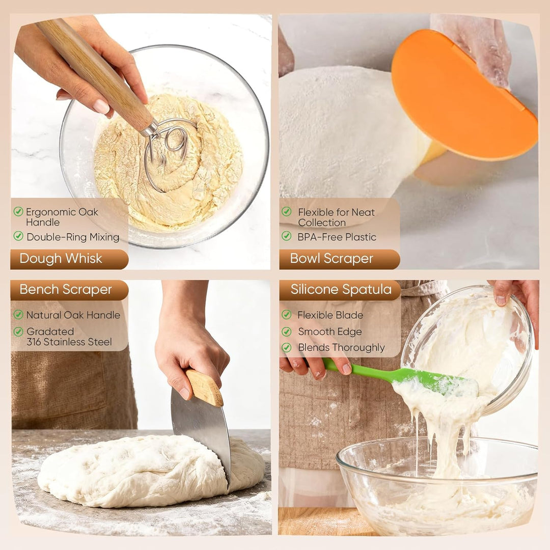 Sauerteig Set 21-teilig mit 2 Gärkörbchen & Glas – Komplettes Brotbackzubehör inkl. Gärkorb Rattan,