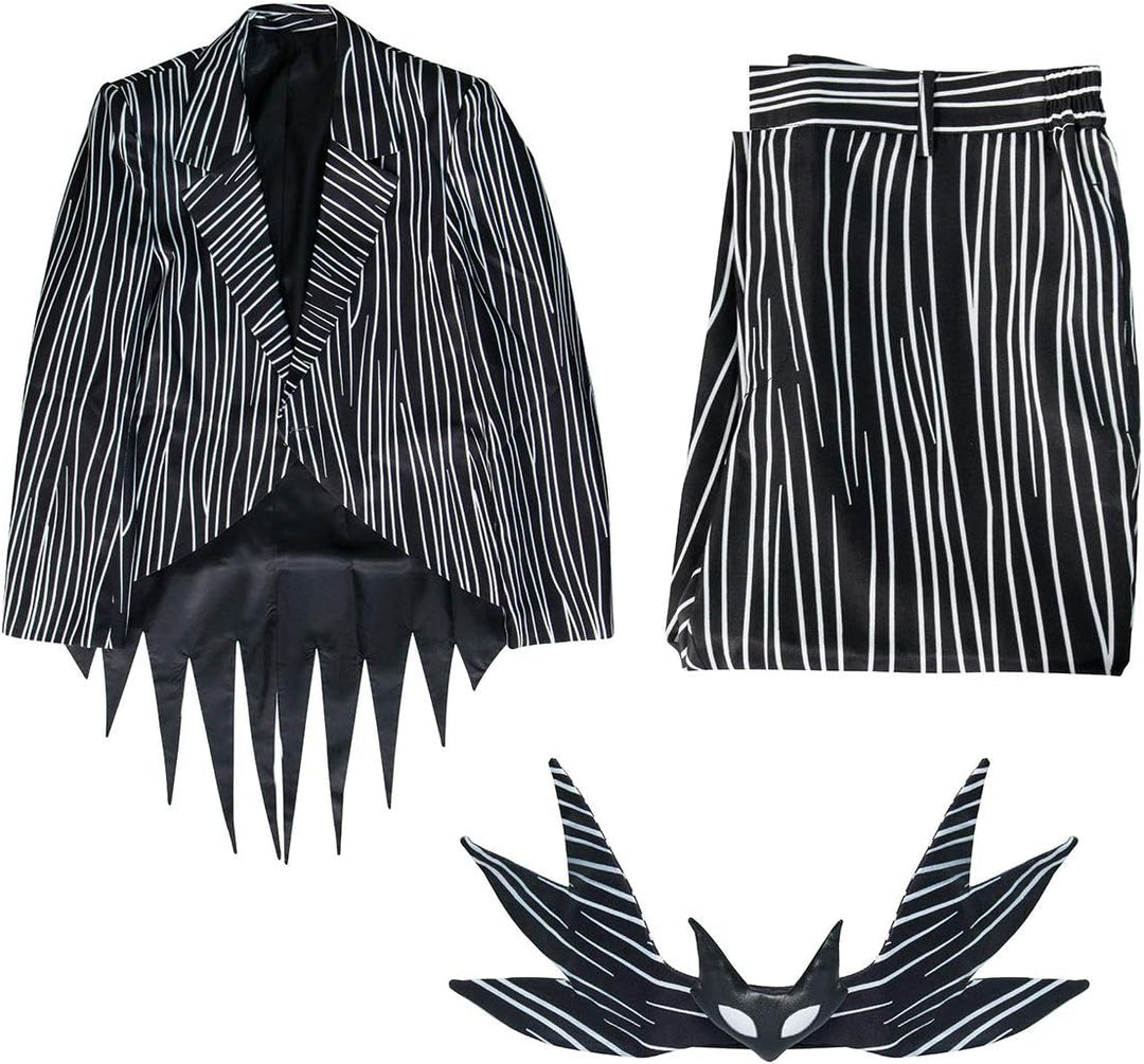 NUWIND Jack Skellington Herren Halloween Cosplay Kostüm Gestreifter Anzug mit Hose Fledermaus Fliege