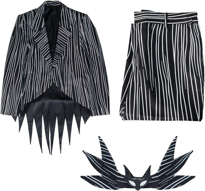 NUWIND Jack Skellington Herren Halloween Cosplay Kostüm Gestreifter Anzug mit Hose Fledermaus Fliege