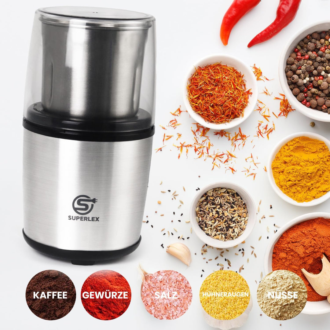 SUPERLEX Kaffeemühle elektrisch mit 100g Füllmenge, 200 Watt Edelstahl Gewürzmühle Abnehmbare Edelst