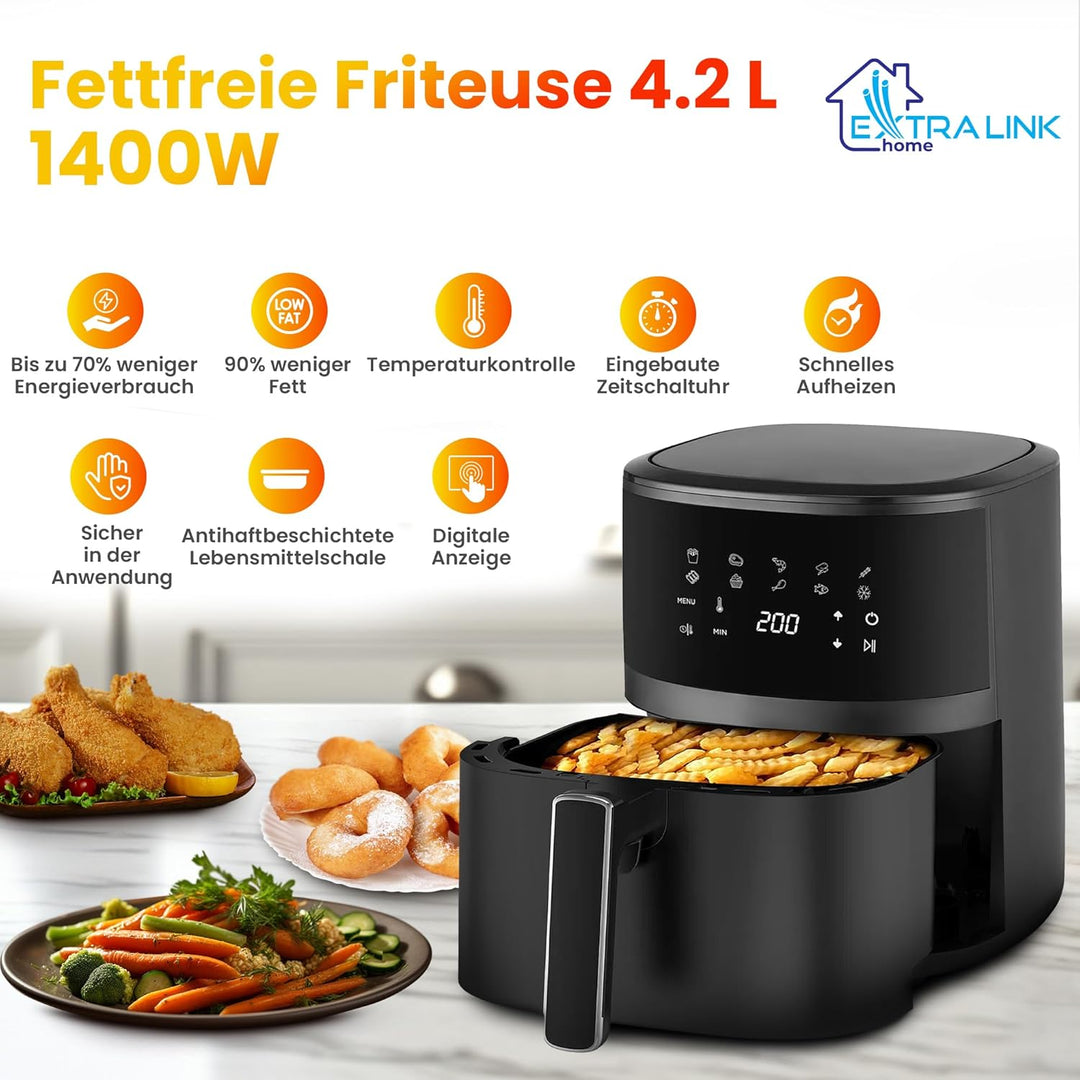 Extralink 1400W Airfryer 4.2L - Heissluftfritteuse mit 10 Kochfunktionen, Friteuse Heissluftfritteus