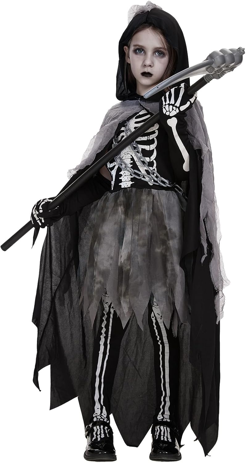 Ulikey Sensenmann Mädchen Kostüm, Sensemann Kostüm Kinder, Halloween Sensenmann Robe Set mit Kapuzen