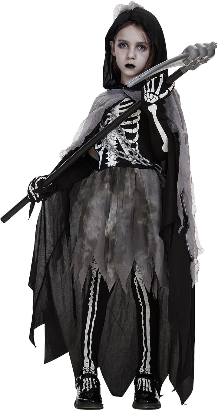 Ulikey Sensenmann Mädchen Kostüm, Sensemann Kostüm Kinder, Halloween Sensenmann Robe Set mit Kapuzen