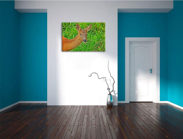 Reh beim Fressen, Format: 100x70 auf Leinwand, XXL riesige Bilder fertig gerahmt mit Keilrahmen, Kun