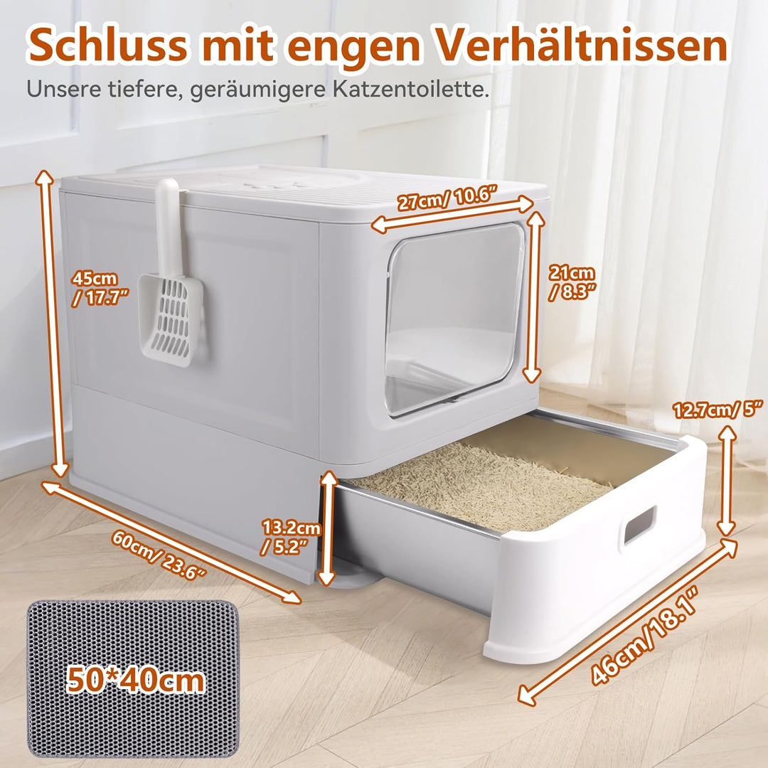 Edelstahl Katzenklo,Faltbare Katzentoilette XXL mit Deckel und Schublade,Geschlossenes Edelstahl Kat