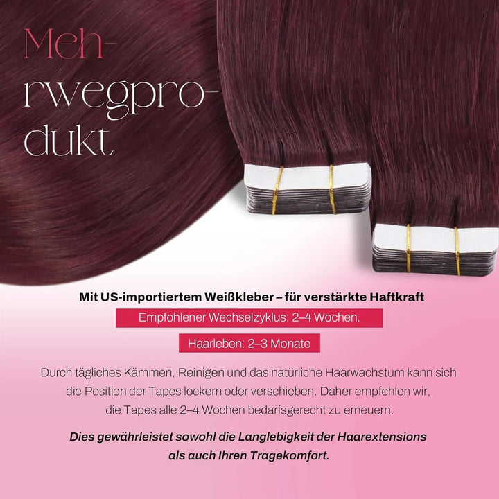 Moresoo Tape Extensions Echthaar Rotwein Haarverlängerung Echthaar Extensions Tape 35 cm #99J Weinro