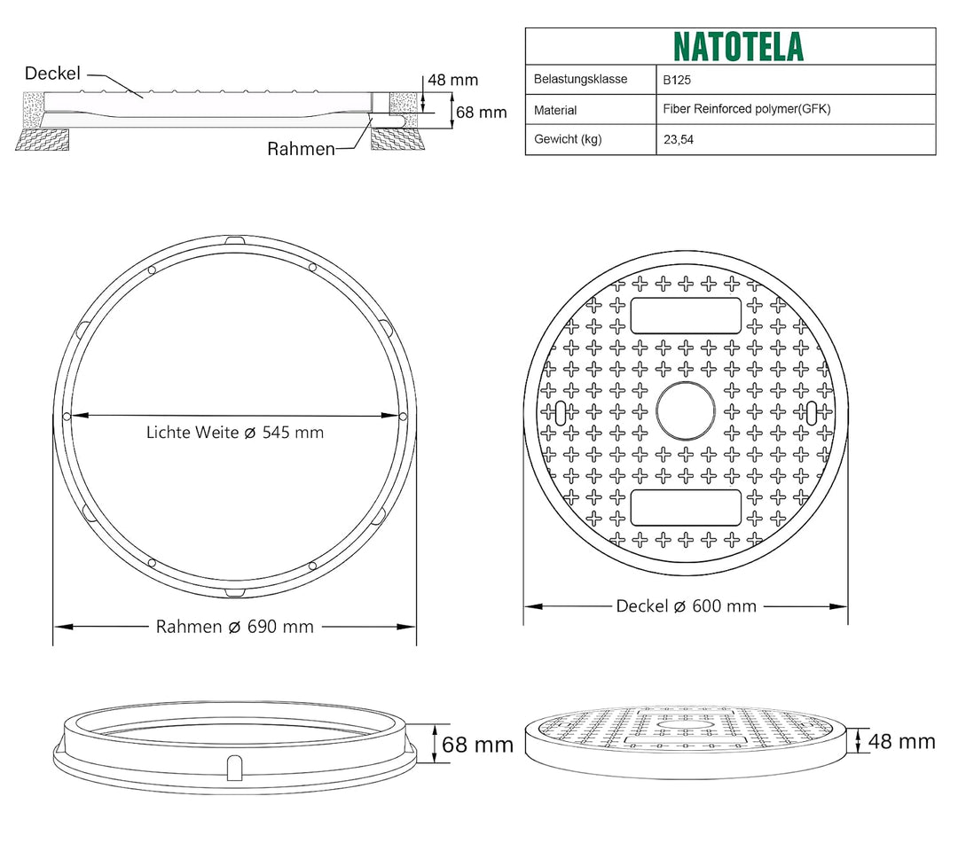 600 mm GFK-Schachtabdeckung Rund mit Rahmen Kanaldeckel | Rahmenmass: 690 mm - Lichte Weite: 550 mm