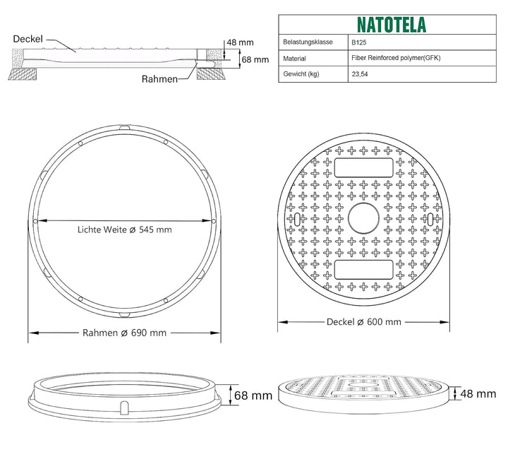 600 mm GFK-Schachtabdeckung Rund mit Rahmen Kanaldeckel | Rahmenmass: 690 mm - Lichte Weite: 550 mm