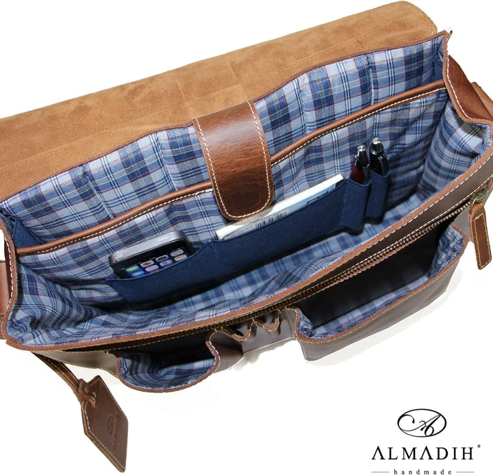 ALMADIH Leder Aktentasche Messenger *JON* handgefertigt aus robustem Premium Rindsleder braun Vintag