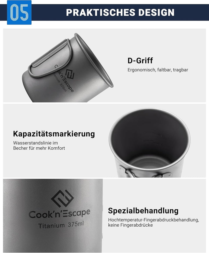 COOK'N'ESCAPE Titan Topf Hängender Topf Kochgeschirr mit klappbarem Deckelgriff Ultraleichter tragba