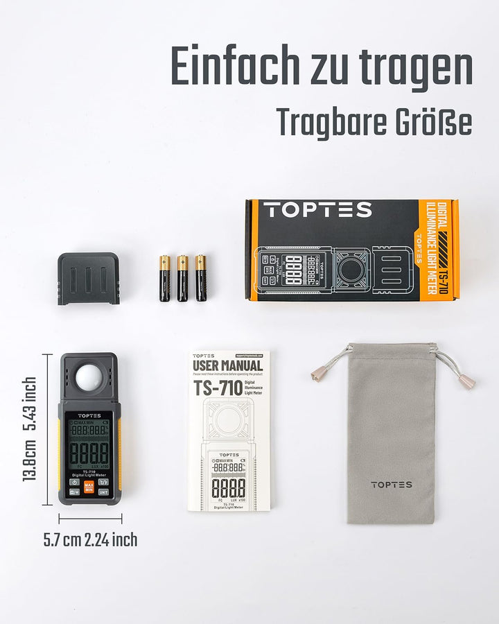 TopTes TS-710 Luxmeter mit 180º drehbarem Sensor, 0-200.000 Lux Lichtmessgerät mit Grosses Backlit L