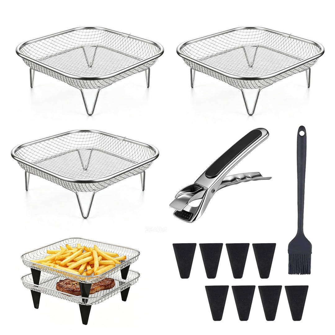 Airfryer Zubehör, 3 Stück Korb für Heissluftfritteuse, Air Fryer Rack mit 8 Silikonfüssen 1 Pinzette