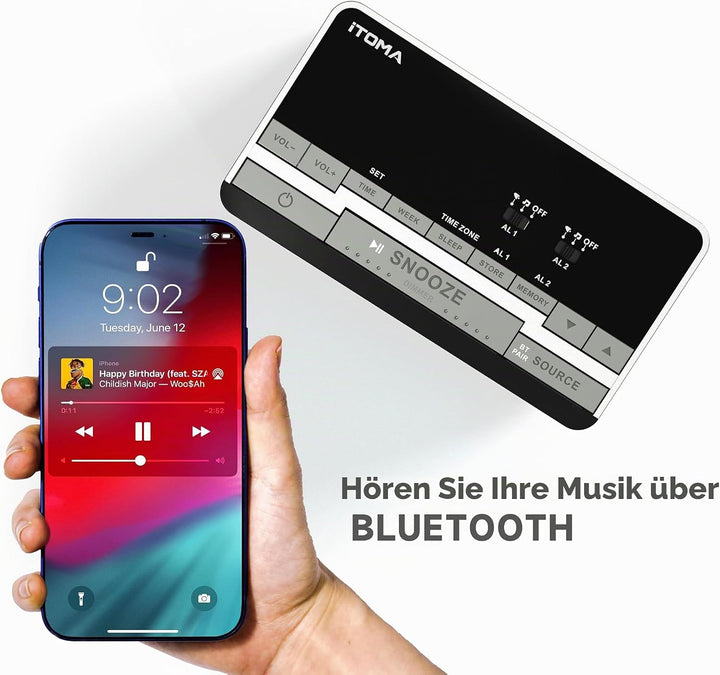 iTOMA Radiowecker，Bluetooth Stereo Lautsprecher, FM Radio, Dual Wecker, Snooze, Helligkeitsdimmer, U