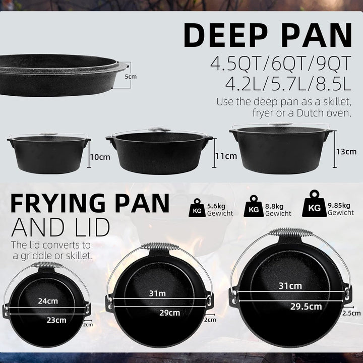 CCLIFE Dutch Oven Set 4/6/9 Liter Gusseisen Grilltopf mit Feuertopf Gusseisen Topf für Grill Camping