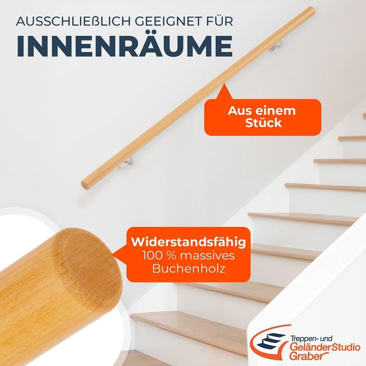 Handlauf Set Holz Buche 45mm rund inkl. 3 Edelstahlhalter zum Einschrauben (250 cm) 250 cm + 3 Halte
