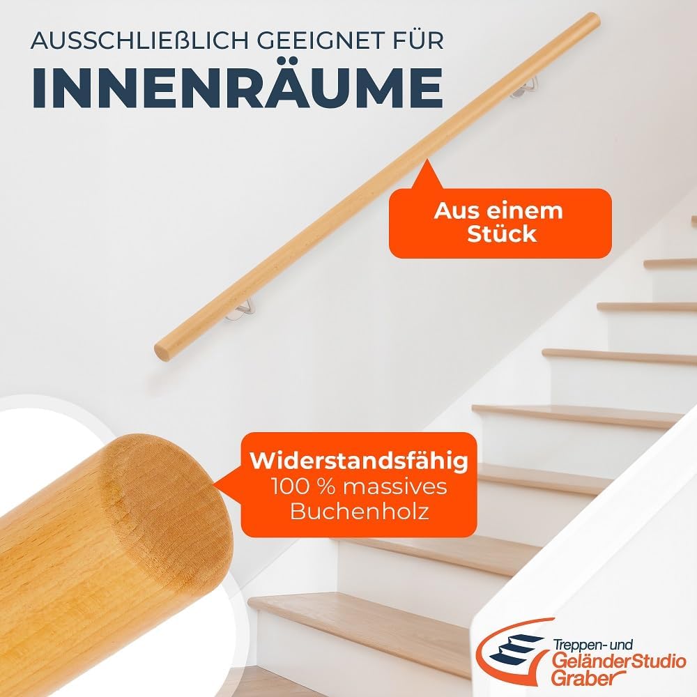 Handlauf Set Holz Buche 45mm rund inkl. 2 Edelstahlhalter zum Einschrauben (190 cm) 190 cm + 2 Halte