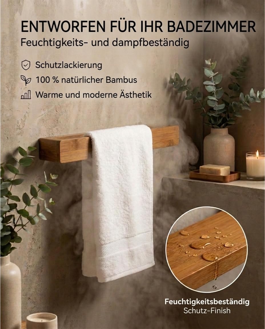 Handtuchhalter Ohne Bohren - Natürliches Bambus - Extra Starker Kleber - Handtuchhalter Holz - Minim