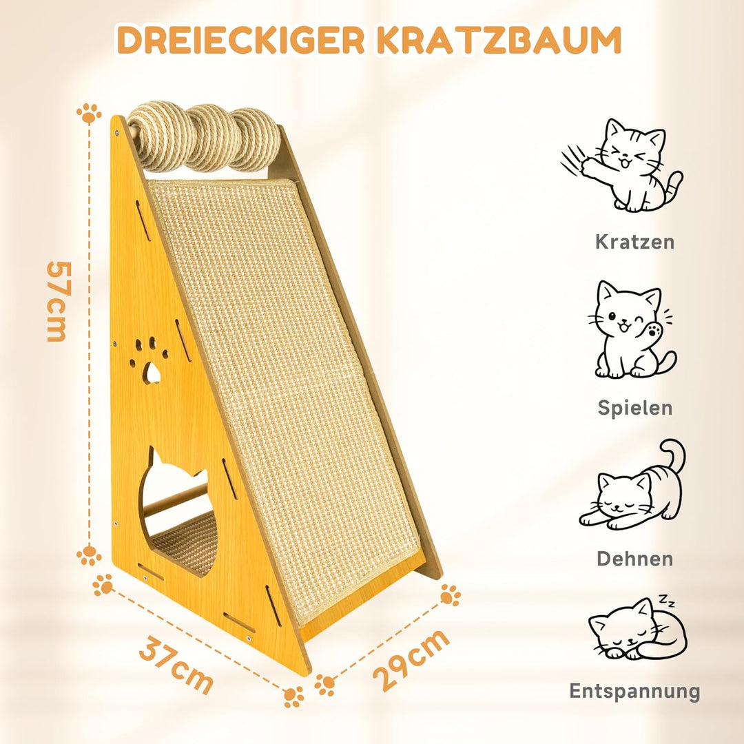 Kratzbretter Katze – Vielseitiges Katzen Kratzbrett aus massivem Buchenholz mit Sisalstamm, Kratzpap