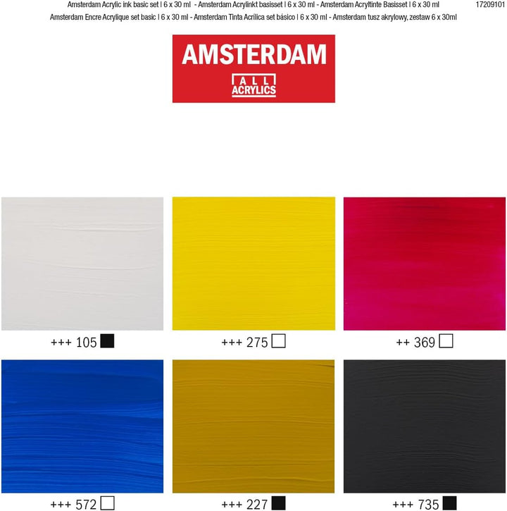 Amsterdam Acryltintenset | Basisset (6 x 30 ml) | Grundfarben, Schwarz, Weiss & Ocker | flüssige Acr