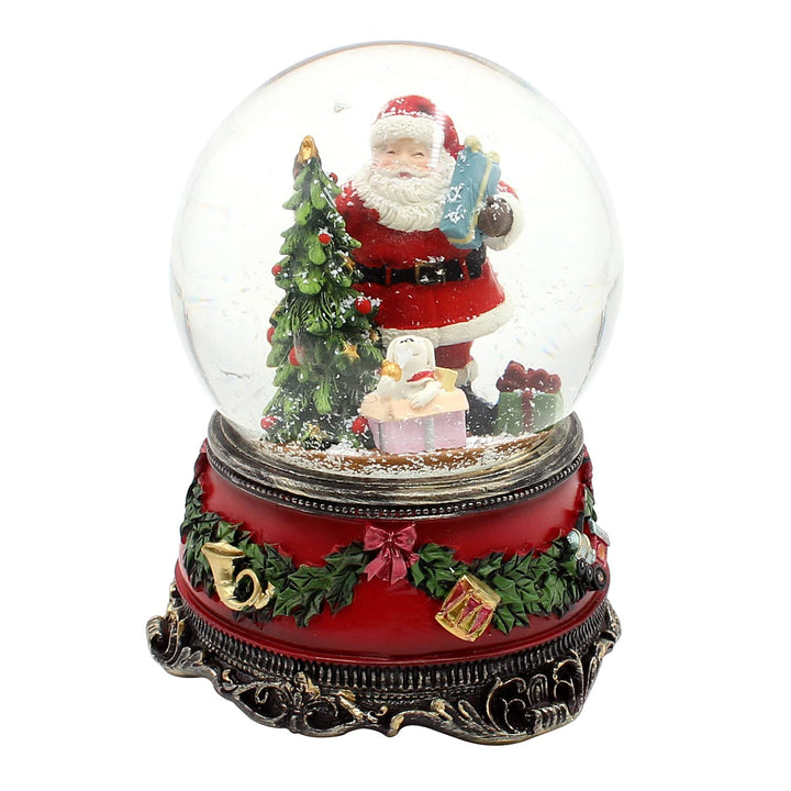 Dekohelden24 Grosse Schneekugel, Weihnachtsmann mit Hund und Geschenken, mit Sound, auf aufwendig de