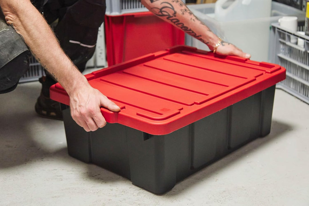 Iris Ohyama Heavy Duty Organisation Boxes, 43L, 4er-Set, Rot, Gross, Robust, Stapelbar, Aufbewahrung