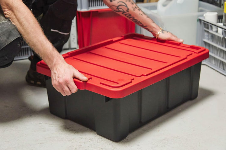 Iris Ohyama Heavy Duty Organisation Boxes, 43L, 4er-Set, Rot, Gross, Robust, Stapelbar, Aufbewahrung