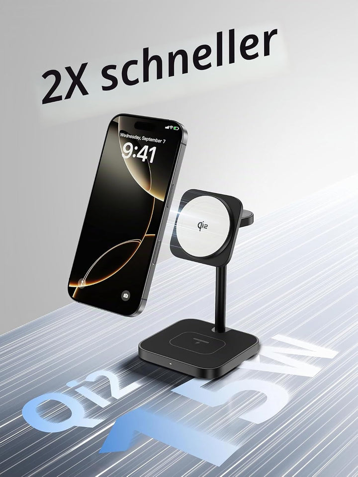 LULULOOK Qi2 Magsafe Ladestation 3 in 1, Aluminium Apple Watch und iPhone Magsafe Ladegerät mit 15W